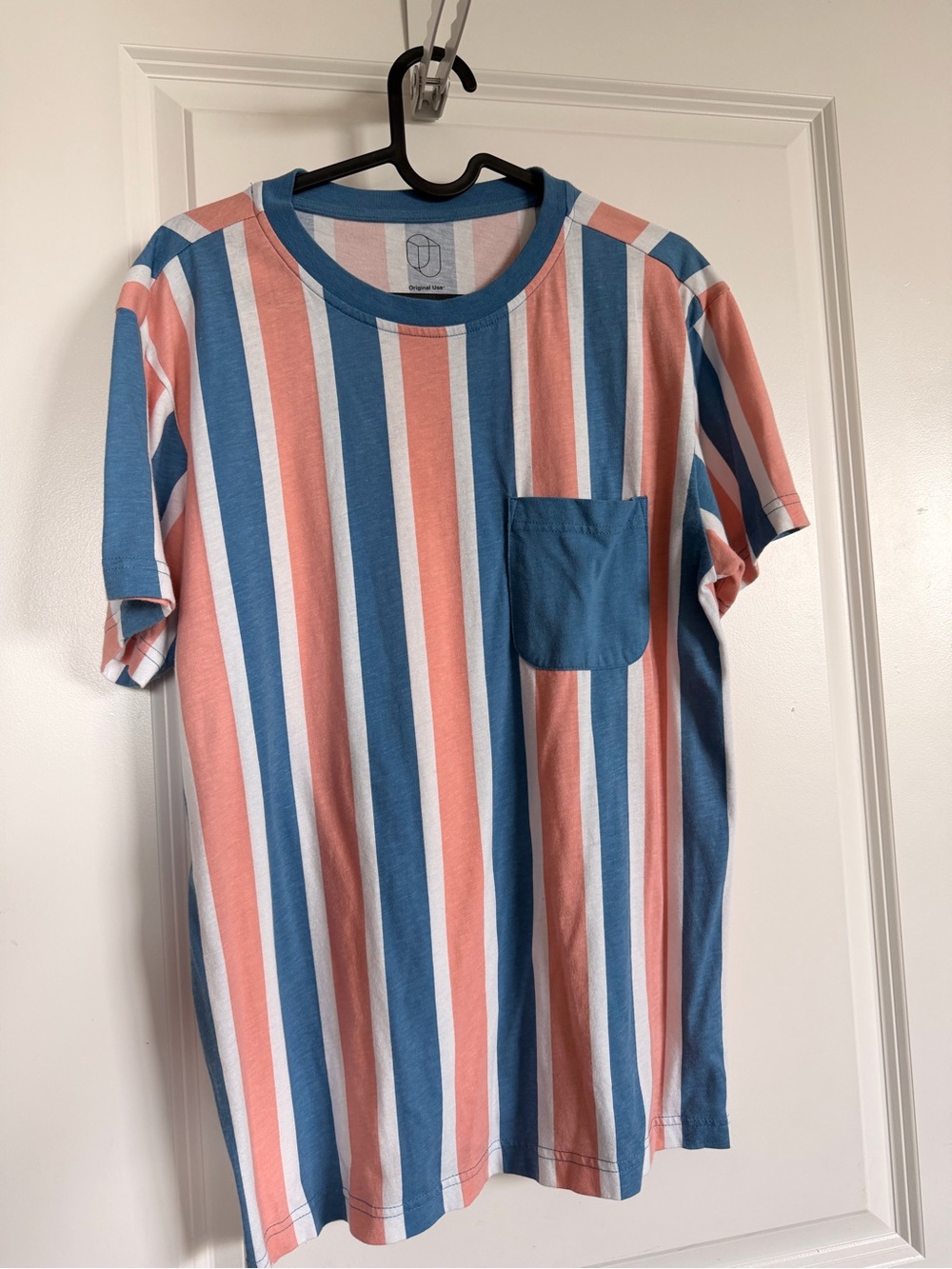 Original Use Striped Pocket Tee in Blue, Coral, and White